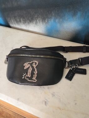Coach Selena Gomez Black Leather Bunny Belt Bag with Silver Stitching